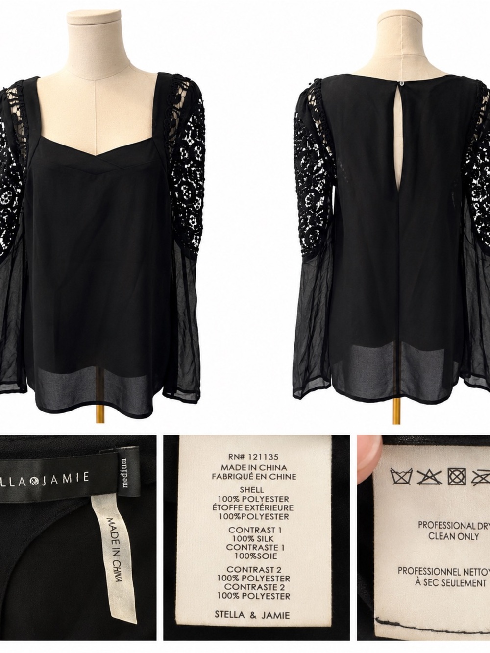 Stella & Jamie Black Chiffon Top with Lace Balloon Sleeves